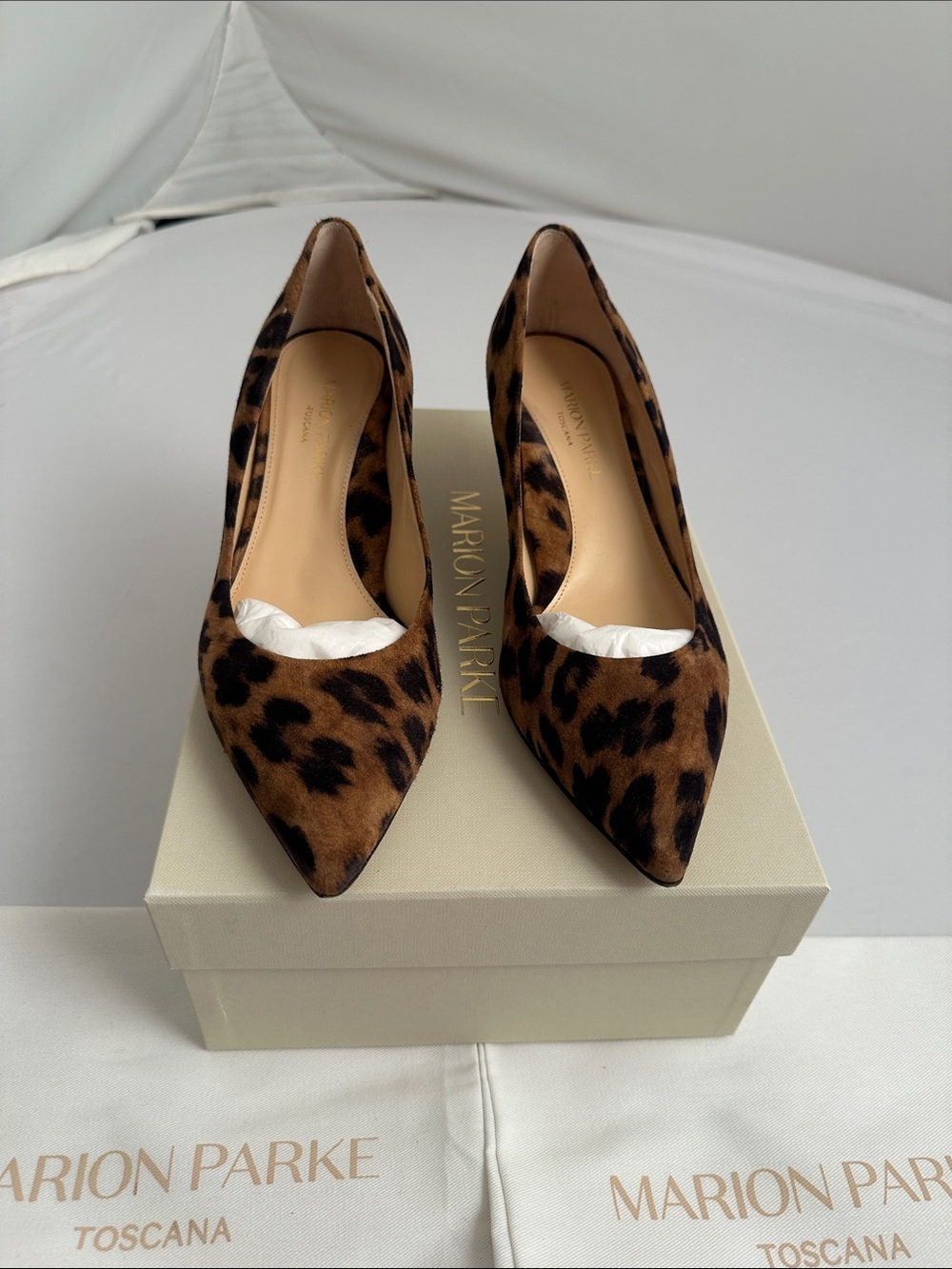 Marion Parke Must Have Leopard print brown and black suede heels 39